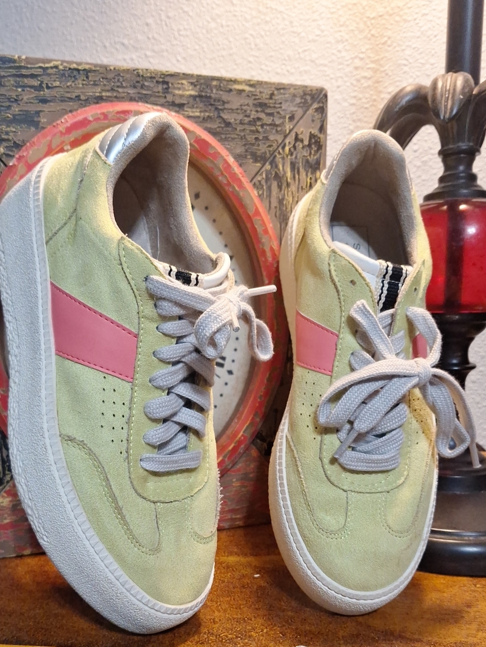ShuShop Pale Yellow Suede Sneakers with Pink Accent